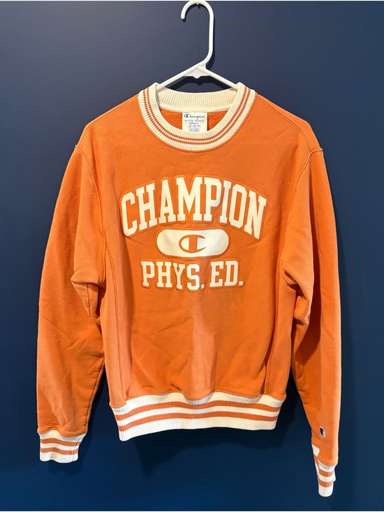 Champion Tops - Champion Orange Crewneck Sweatshirt with 'Phys. Ed.' Graphic